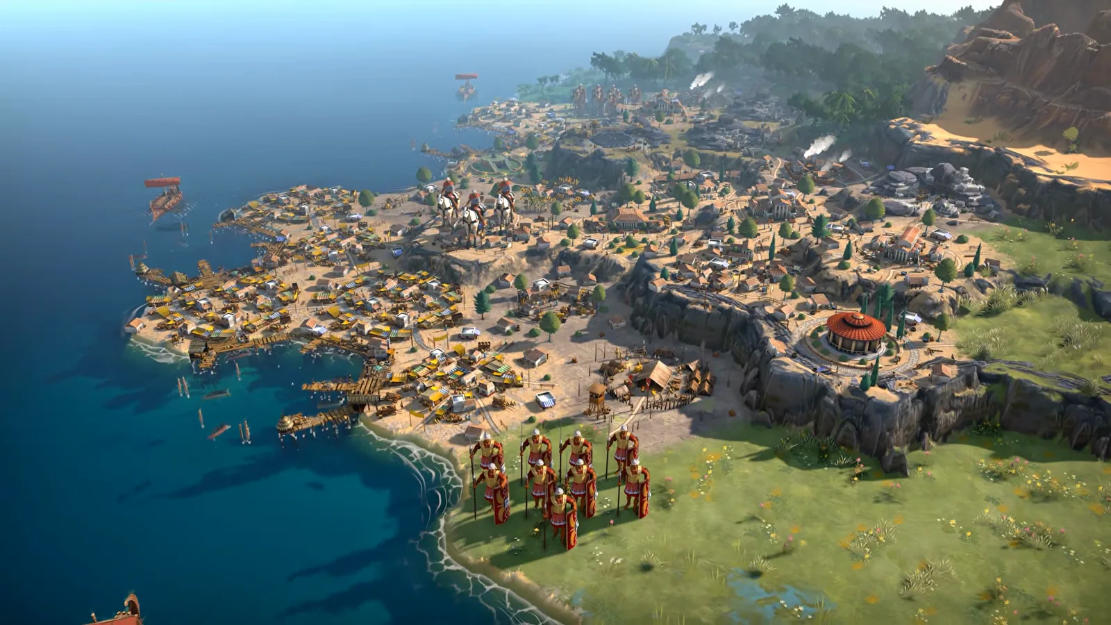 Humankind 2 coastal peninsula harbor city with naval trade ships and lighthouse