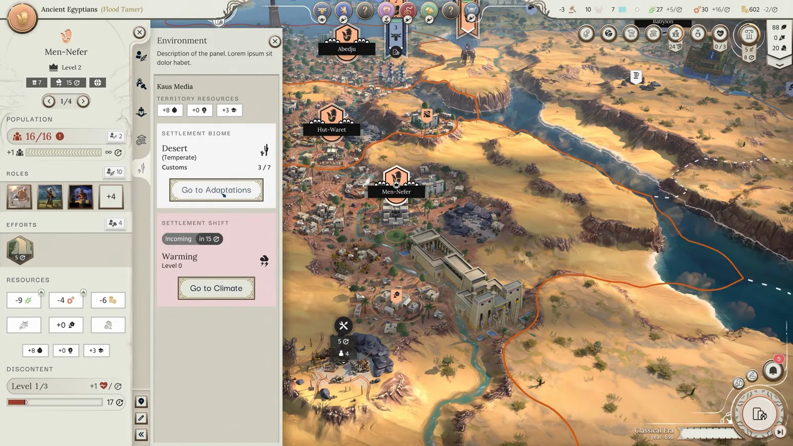 Humankind 2 Desert Biome Adaptations tree showing camel logistics, desert wells, and oasis agriculture
