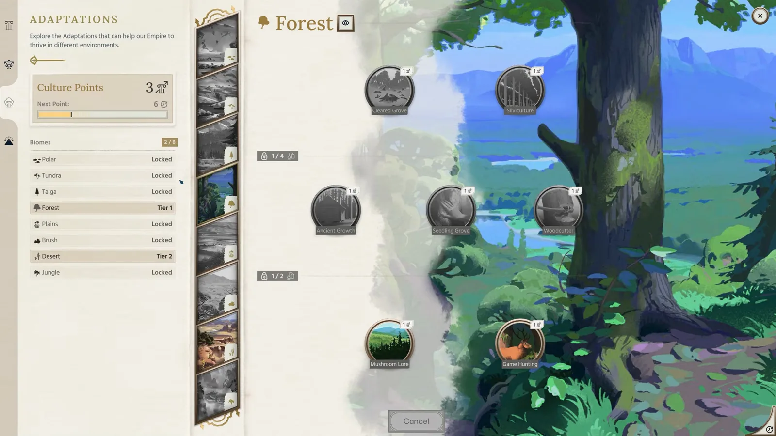 Humankind 2 Forest Biome Adaptations tree showing deer hunting, woodcutting, and thicket mastery